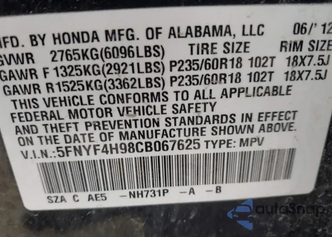 2012 Honda Pilot Touring from USA, damaged, VIN 5FNYF4H98CB067625